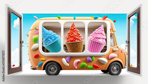 Colourful 3D Ice-cream Truck Shop, Generative  AI. photo