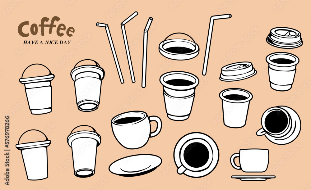Vector set of illustration of different coffee cup with lid and straw ...