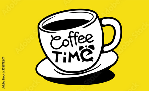 Vector illustration of coffee cup with word coffee time on color background with shadow. Black and white line art style design of cup