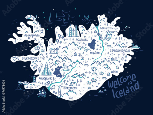 Hand drawn map of Iceland. Travel illustration with icelandic landscape, animals, architecture and natural sights, great for postcards, banners, prints - vector design