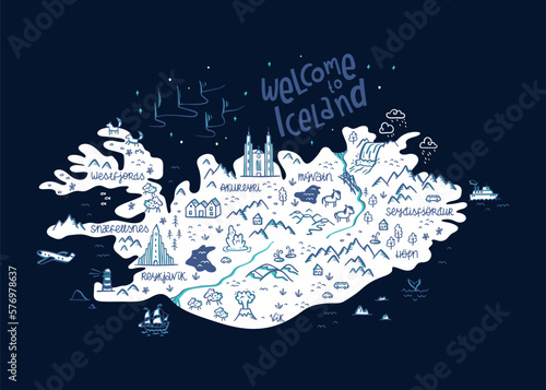 Hand drawn map of Iceland. Travel illustration with icelandic landscape, animals, architecture and natural sights, great for postcards, banners, prints - vector design