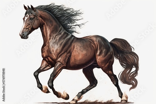 Stag of the brown variety. A likeness of a brown horse used for sports. Traveling by horseback. racehorse of the Thoroughbred variety. The horse is stunning. Generative AI