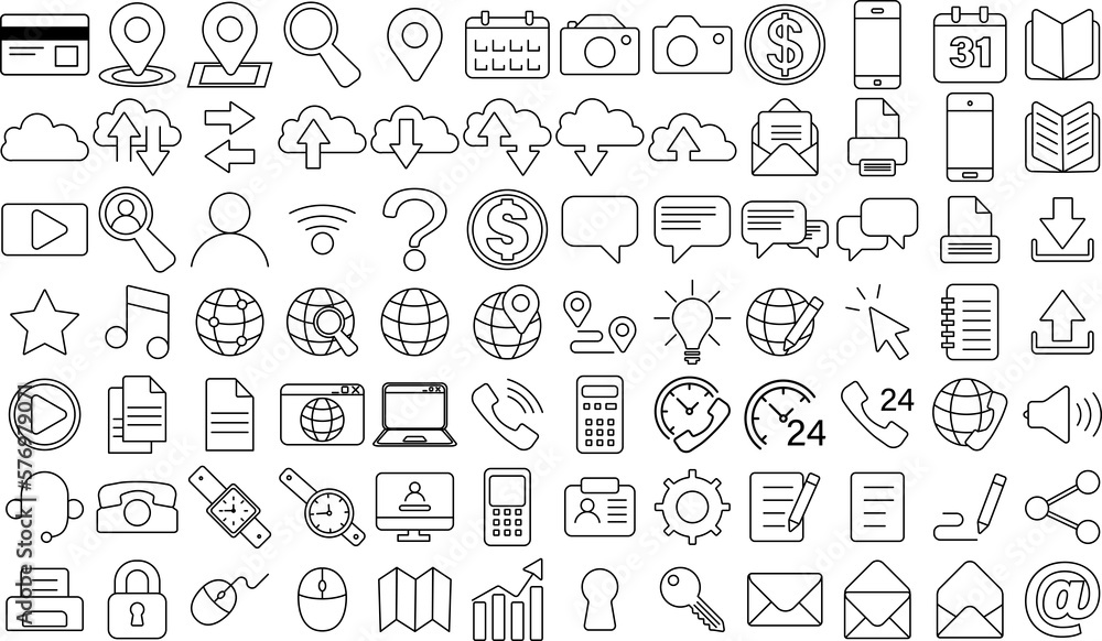 a set of office and business icons in a minimalistic style. 84 in 1