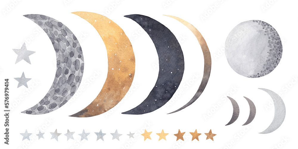custom made wallpaper toronto digitalCute watercolor set - moon, stars. Vintage elements for your design.