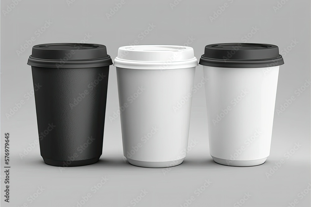 Isolated on a white background with clipping path is a white packaging template mockup for takeout paper, carton, or cardboard coffee cups in three different sizes, each with a black lid. Generative Isolated on a white background with clipping path is a white packaging template mockup for takeout paper, carton, or cardboard coffee cups in three different sizes, each with a black lid. Generative