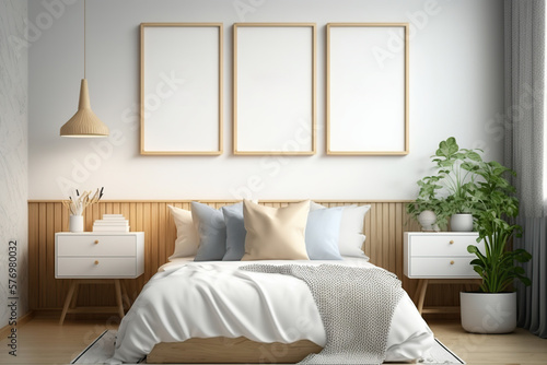 Mockup three poster frame in bedroom. Generative AI illustration.