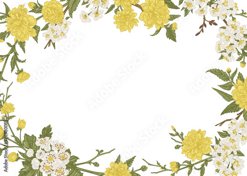 Vintage  with cherry, kerriya japonica and hawthorn flowers. Spring illustration. Floral invitation card, isolated on transparent background.