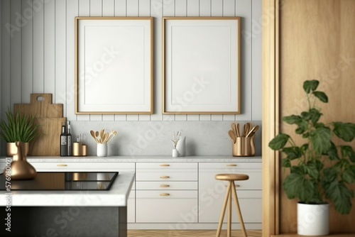 Mockup two poster frame in modern interior kitchen. Generative AI illustration.