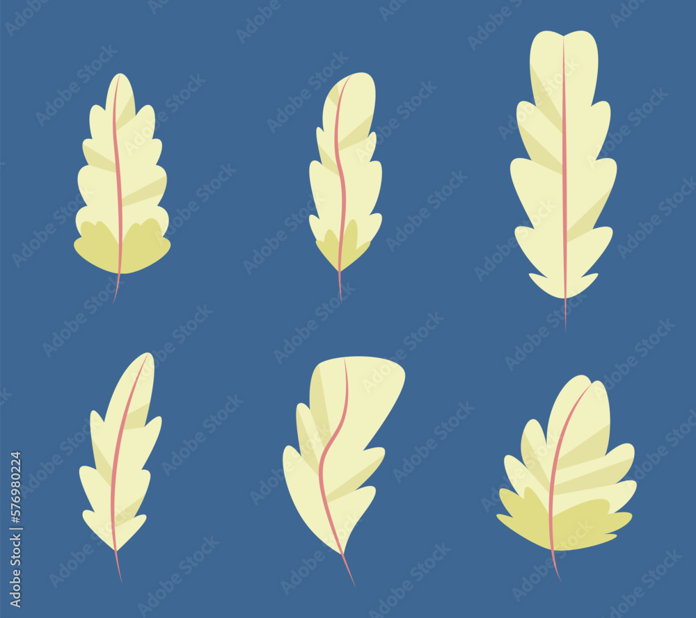 Set of yellow feathers in flat style. Beautiful design elements.