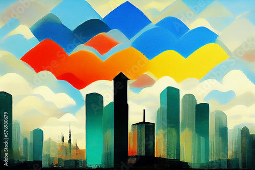 Painting with skyscrapers and colorful rainbow clouds. Abstract style. Imitation of oil painting. AI-generated