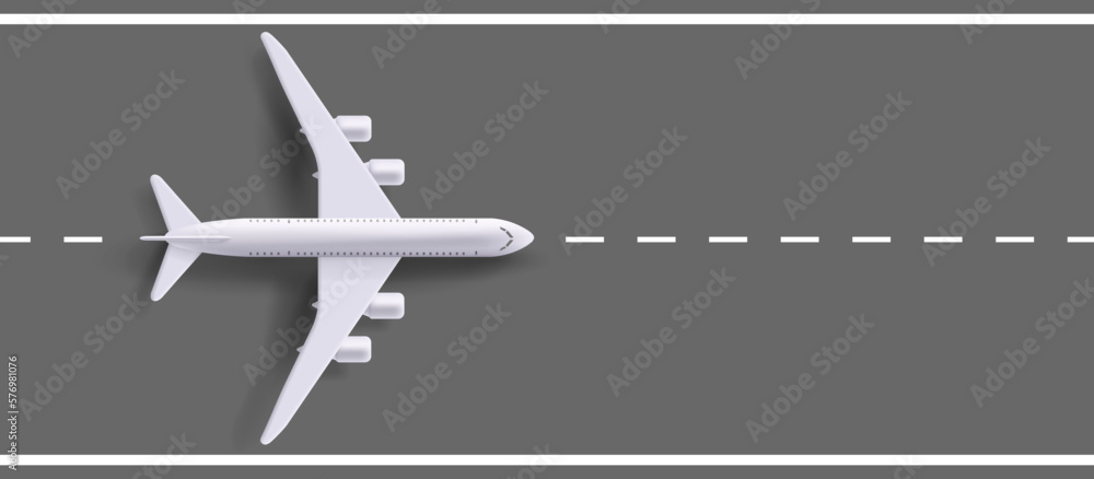 3d illustration of airplane jet top view on runway, banner template digital graphic