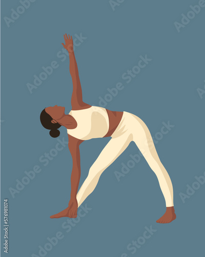 Black girl with brown hair doing yoga pilates gymnastics sport fitness in light brown sport form in faceless style on dark blue background