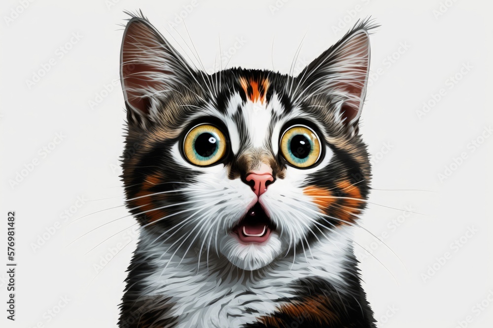The eyes of a young, crazy, surprised cat open wide. Comical huge eyes American shorthair kitten or cat. An obviously startled and frightened kitten. Kitten with enormous, wide eyes and an expression