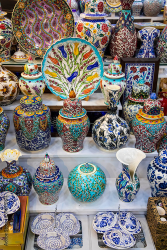 Kutahya - Turkey, February 21, 2023: various ceramic art and tiles souvenir market displays stand in Kutahya. famous with ceramic, Kutahya has many tiles and ceramic manufacturer.
