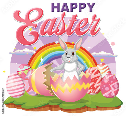 Happy Easter Day with Bunny and Colorful Eggs