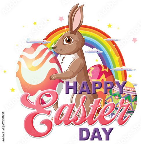 Happy Easter Day with Bunny and Colorful Eggs