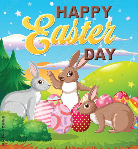 Happy Easter Day Poster with Colorful Eggs and Cute Bunnies