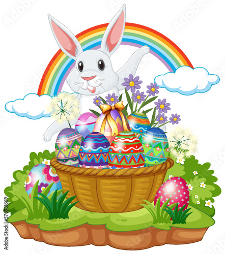 Cute bunny with easter eggs in basket