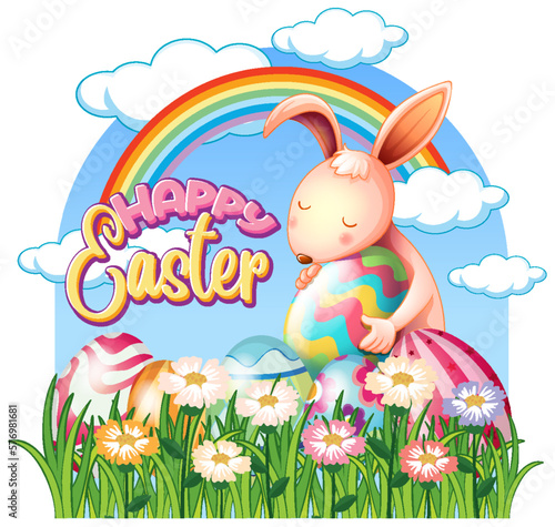 Happy Easter Day with Cute Rabbit in a Grassy Field