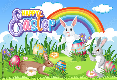 Happy Easter Day Poster with Colorful Eggs and Cute Bunnies