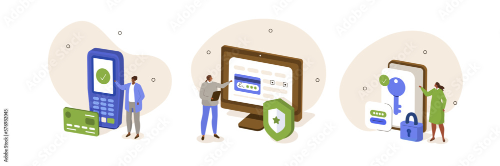 Cybersecurity set. Characters making safety credit card payments through smartphone, computer online and contactless by terminal. Secure electronic money transaction concept. Vector illustration. - obrazy, fototapety, plakaty 