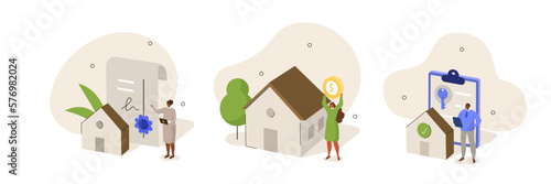 Mortgage set. Character purchasing property with help of real estate agent and lawyer. Obtaining approval from the bank, signing contract and legal document. Home buying concept. Vector illustration.
