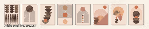 Minimalist wall art. Abstract geometric prints for boho aesthetic interior. Home decor wall prints. Burnt orange, terracotta colors. Sun, rainbow and clay pots. Contemporary artistic printable vector