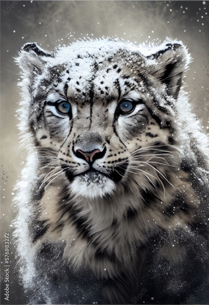 Obraz premium Generative AI Illustration of a snow leopard with beautiful snow-covered fur