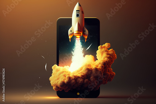Space rocket launch from smartphone screen with copy space. Generative AI