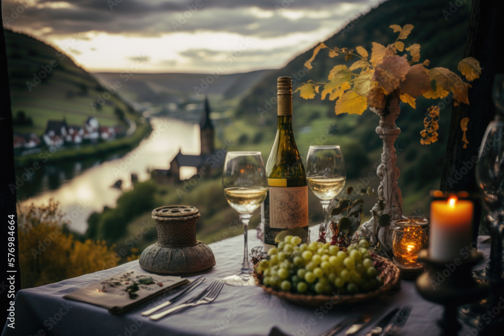A beautiful table setting featuring a selection of premium wines with Portugal Douro Vineyards at background AI Generative