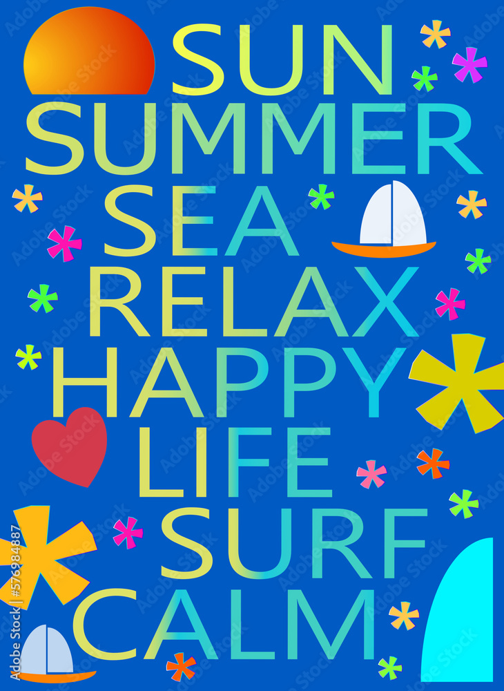 Poster, blue background with gradient text, funny and colorful small drawings, referring to the concept of summer. Vertical design.