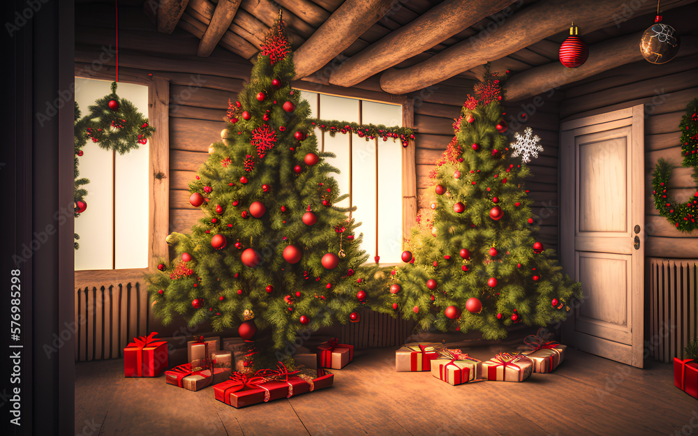 Christmas tree with gifts underneath in cozy domestic interior. Generative Al Illustration
