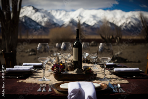 A beautiful table setting featuring a selection of premium wines with Vineyards background AI Generative