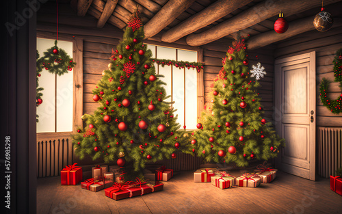 Christmas tree with gifts underneath in cozy domestic interior. Generative Al Illustration