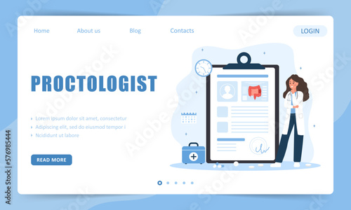 Proctologist concept. Landing page template. Female doctor make diagnosis and choose treatment methods. Woman in lab coat analysis intestine. Cancer prevention. Vector illustration in cartoon style.