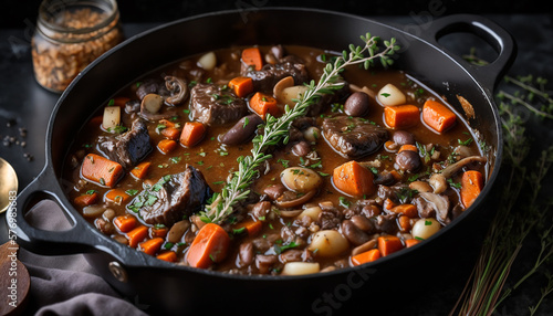 Steak, a Hearty and Flavorful Beef Bourguignon in a Rich Red Wine Sauce Generative AI