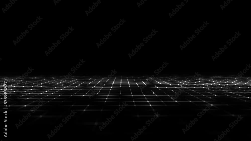 Abstract technology perspective grid. Detailed wireframe landscape with white lines on black background. Digital space with mesh. 3d rendering.