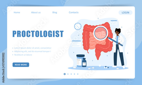 Proctologist concept. Landing page template. Female doctor with magnifier examine intestine. African woman in lab coat analysis perianal area. Medical check up. Vector illustration in cartoon style.