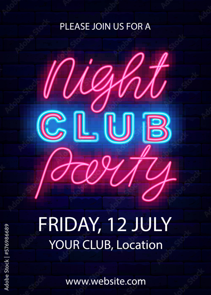 Night club party neon flyer. Vertical poster template. Glowing invitation on brick wall. Vector stock illustration