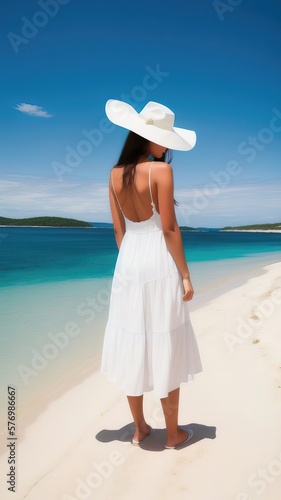A young girl dressed in a white dress and hat stands with her back on the shore of a tropical island. Unrecognizable face. Generative AI.