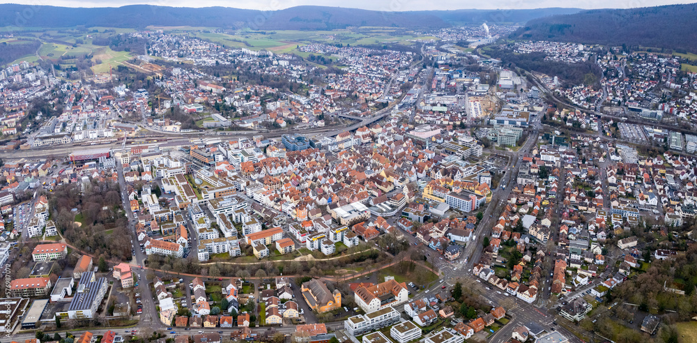 Aerial around the city Aalen in Germany on a sunny day in  winter