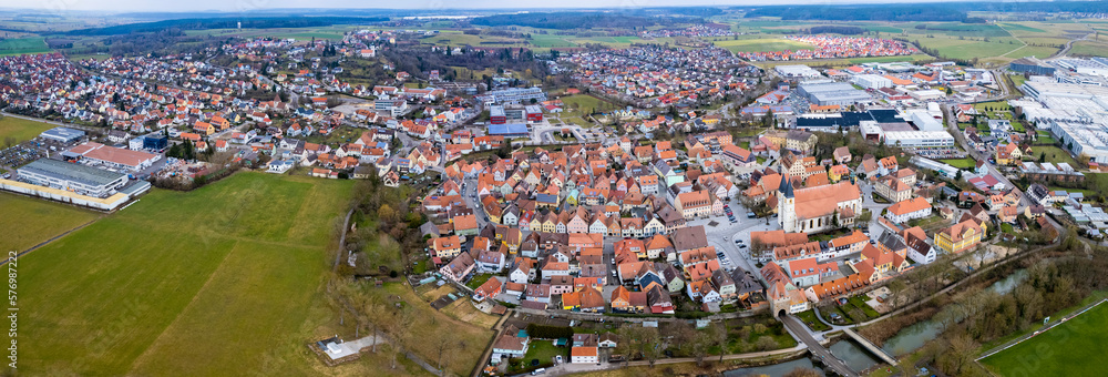Aerial  around the village Herrieden in Germany on a sunny day in winter