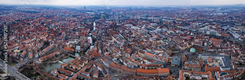 Aerial around the city Nürnberg on a sunny day in winter
