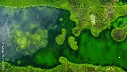 A large, bright green algae bloom is seen in a body of water. Generative AI photo