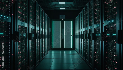 A high-tech data center with rows and rows of server racks, each with blinking lights and a hum of activity Generative AI