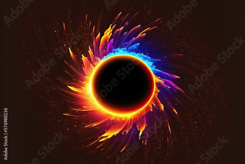 An abstract background like a total solar eclipse with a multicolored glow of swirling colored rays in a circle. Generative AI illustration.