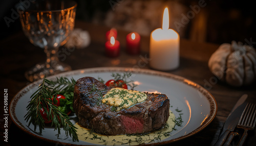 Steak  a Sizzling Ribeye with Charred Edges with Melted Butter and Herbs Generative AI