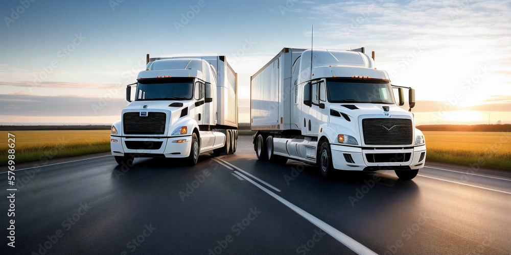 Two modern semi trucks driving down a highway at sunset or dawn with the sun setting behind them and the sky. Wheat field on the sides of the road. Front view. Generative AI technology Two modern semi trucks driving down a highway at sunset or dawn with the sun setting behind them and the sky. Wheat field on the sides of the road. Front view. Generative AI technology