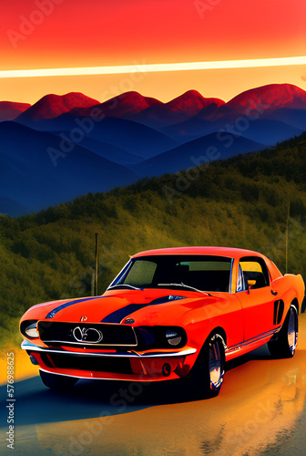 red mustang,American muscle car on a winding country road with mountains and sunset in the background