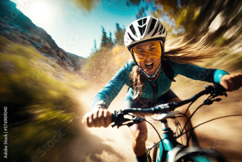 Woman riding a mountain_bike, the Thrilling Adventure of Riding a Mountain Bike through Breathtaking Trails BTT AI Generative